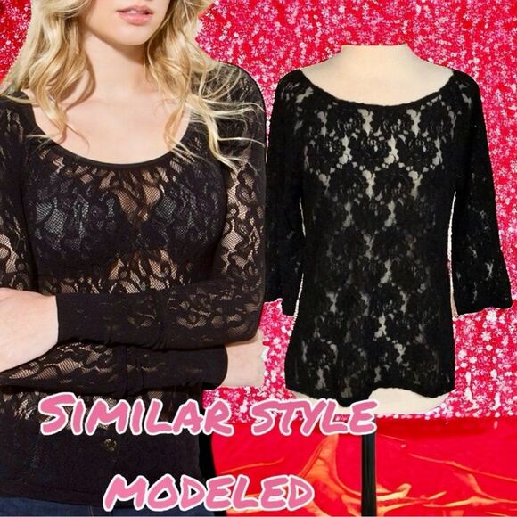 Boho Black Floral Lace Joe Fresh Sheer Layering Top - Size Medium EUC - Picture 16 of 16